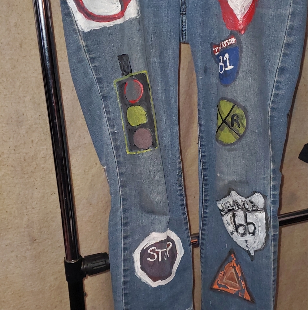 ana women's jeans.   Size 28. Handmade with U.S. road signs.
